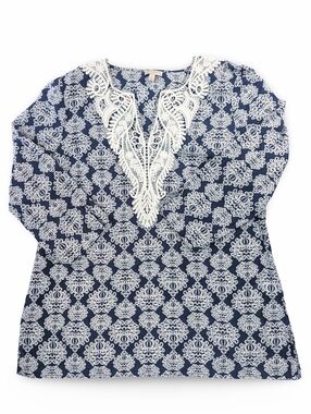 NWOT Talbots Womens Cotton Navy And White Embroidered Tunic Top Size S Small